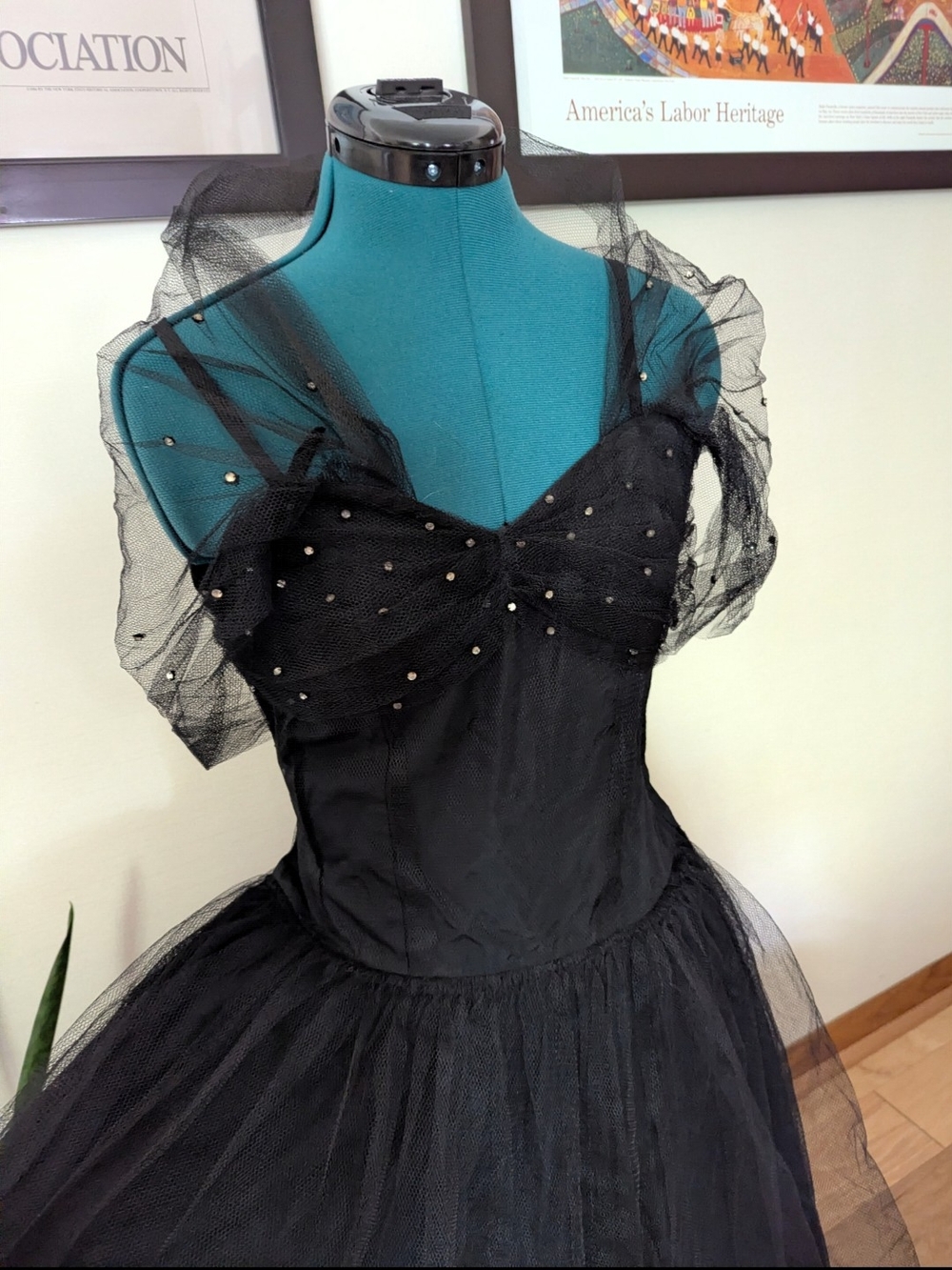 Vintage Black Tulle Evening Dress with Rhinestone Detail